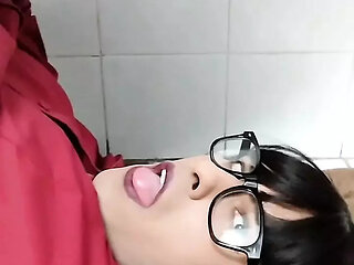 Shemale Secretary Jerks off and finish with a Self Facial cum eating