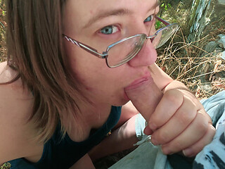 Chubby Glasses Girl Flashes Tits in an Abandoned House Then Overflows With Cum