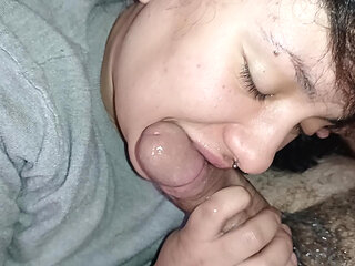 HANDJOB AND BLOWJOB ON HARD COCK, bitch rolls and eats to the bottom with a lot of horniness