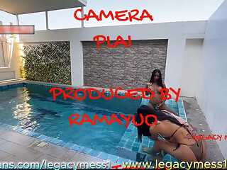 Outdoor Mistress Big Tits Big Cock Fucks Her Big Ass Muscle Guy at the Pool
