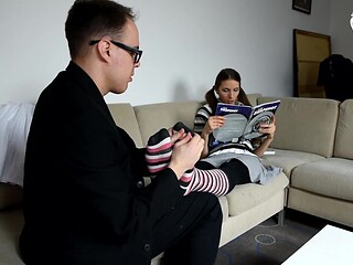 Teacher-student foot worship session (foot fetish, foot worship, sexy soles, nylon feet)