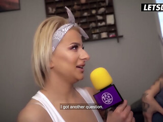 Curvy Blonde in Micro Bikini Gets Her Big Fake Tits Motorboated by Older Man During Fucking Interview