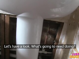 Estate Agent April Paisley discovers a dildo and can't resist playing with it.