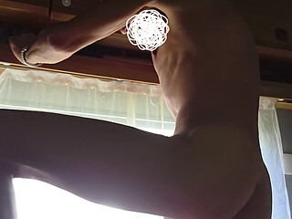 Huge cumshot at the window. Everyone can watch the skinny boys cum.