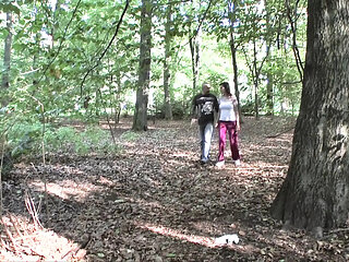 Amateur redhead fucks bald guy in the woods