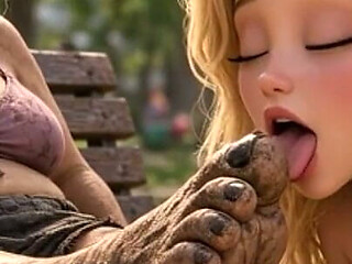 Woman Worships and Cleans Dirty Street Feet with Her Tongue in Public