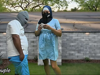 Hijab Muslim Student jogging in Public blowjob for money