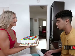 Blonde stepmother working on stepson'_s hard cock in the kitchen - Madison Brite