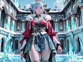 Ice Throne! Silver-haired Mage in Red-green Gown Kneeling, Blue-haired Partner Teasing in Realm!