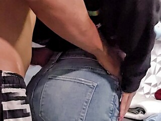 Amateur milf spanks and rides cock while wearing jeans