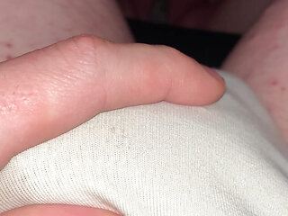 Closeup masturbating my big uncut cock and cumming in my panties
