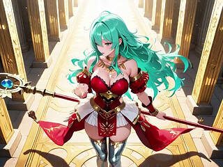 Golden Hall Fantasy! Green-haired Knight in Red-white Armor Kneeling, Teasing with Floating Magic Books - Divine Meets Carnal!