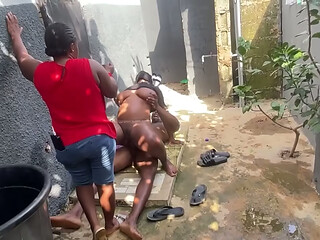 BTS of ebony thick black ass single mother grinding and riding the bbc guy at the back yard