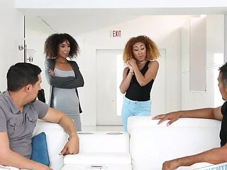 Ebony temptresses tease and please in a wild four-way orgy