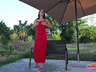 EURO TGIRLS Slim Trans Woman Pleasuring Herself with Dildo on Sunny Patio