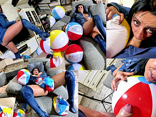 Dominant Denim MILF Beach Ball Fetish. Deepthroat, Popping, Doggy and Double Cum
