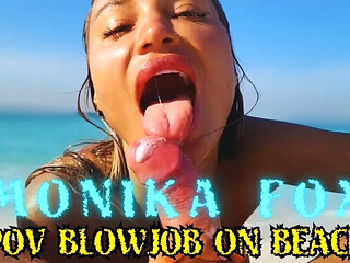 Monika Fox POV Blowjob on the Beach  Big Tits & Cum