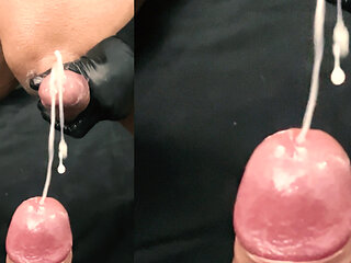 Close up foreskin play cumshot on mirror slowmotion