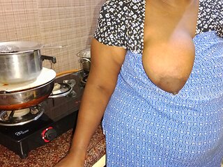 Tamil step-brother squeezes big boobs of sister and talks dirty to her in the kitchen and has sex with her step-brother