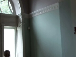 Petite blonde gets DP'd by three men in a palace gangbang