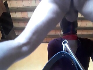 Masked MILF tied up, blindfolded and ball gagged, sucks big cock deepthroat