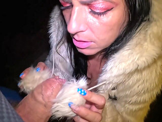 Risky Outdoor & Indoor Blowjob in Stockings & White Fur Coat - Messy Cum Finish 297