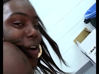 Threesome - Two Black Sluts Share a White Cock in the Warehouse