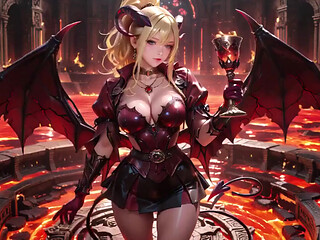 Lava Throne! Blonde Demon Queen Kneels & Spreads Her Wings, Lazy Tease with a Glass.
