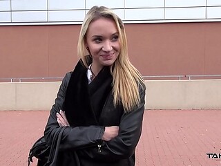 Stupid blonde gets tricked into van and spreads legs for big cock