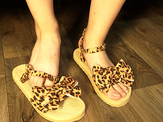 Feet in New Sandals with Slow Walking and Foot Close-ups