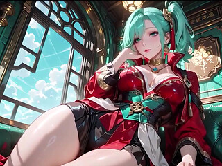 The Red-clad Blade's Private Tease! Green-haired Warrior in a Black-red Battle Robe, Commanding yet Shy on the Floating Terrace.