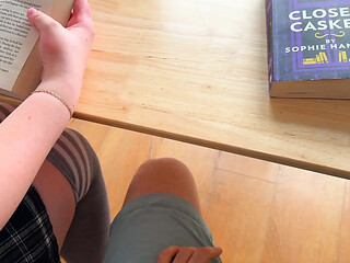Hot high school girl gives sloppy hand job with panties and foot job under