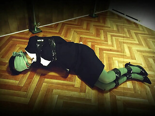 Bound office lady fights against tape and bondage