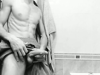 Old Vintage Recording, Athlete with a Good Body and a Huge Cock Cums in the Bathroom!