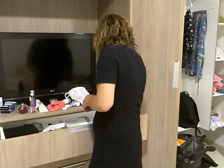 Stepmom returns from the beach, undresses, pees, showers, and gets dressed while watching me jerk off
