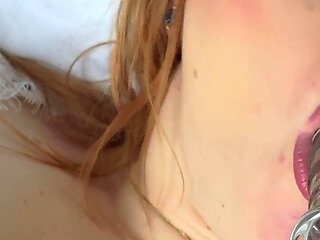 Perverted Stepmom Rides Her Pussy Hard with a Glass Dildo in Front of Her Stepson.