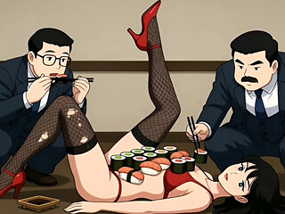 Sushi Girl: Rich Guys Eat Food off a Sexy Slut's Body and Then Fuck Her