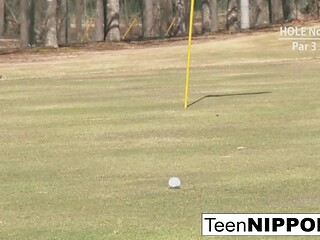 Cute Asian teens strip down for hot golf game