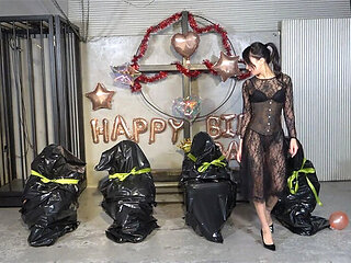 Mistress Sara's Birthday Party: Asian Femdom Whipping & Wax Play with 4 Slaves