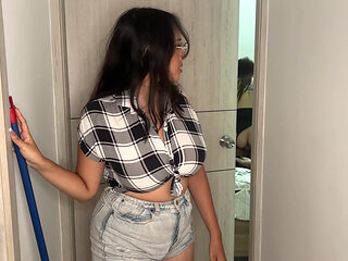 Cleaning girl discovers couple fucking and joins in an amazing threesome