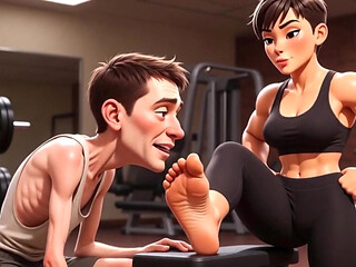 Strong Muscular Woman Makes Skinny Slave Lick Her Feet