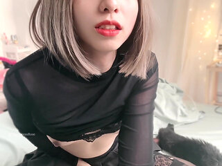 Asian Sissy Cumshot Eating in Lingerie