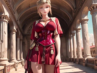 Red Armor Queen! Gaze in the Roman Corridor, Skirt Lift Reveal, Hand on Lips Teasing You...