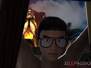 Amazons. a sexy blonda has Anal Sex with 3d hot dickgirl on the island