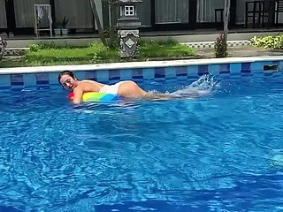 Outdoor Yoga Tree Pose & Tease in See-through Bodysuit in the Pool