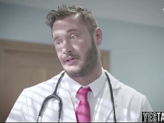 Petite ebony MILF gives sloppy blowjobs to her big-dick doctor while in