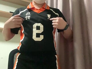 Cosplayer Kageyama gets teased by his big-cocked anime character.