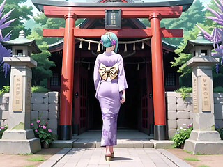 Purple Kimono Goddess! Can't Handle the Wetness Under the Red Torii Gate