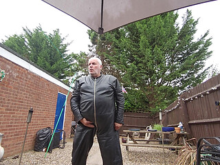 Leather overalls outside in the garden