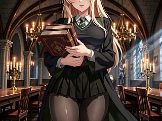 Draconia Malfoid has an affair in the library of her magic school.